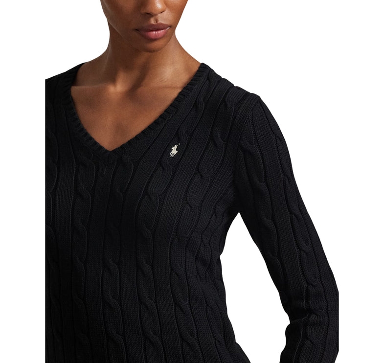 Polo Ralph Lauren Women's Cable-Knit Cotton V-Neck Sweater Polo Black/White
