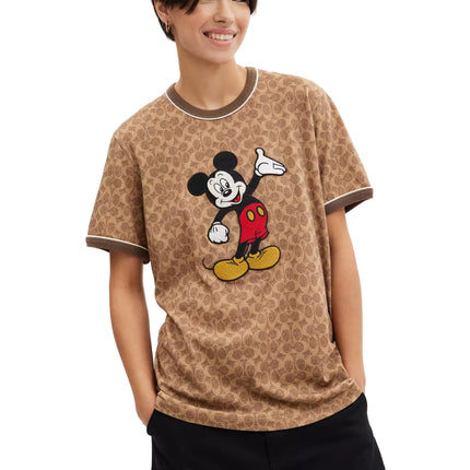 Coach Unisex Disney X Coach Signature Mickey Mouse T Shirt Tan Signature