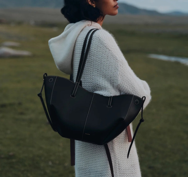 Polène Women's Cyme Mini Edition Textured Black with Ecru Stitching