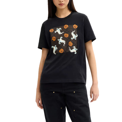 Coach Women's Pumpkin And Ghost Signature Classic T-Shirt Black