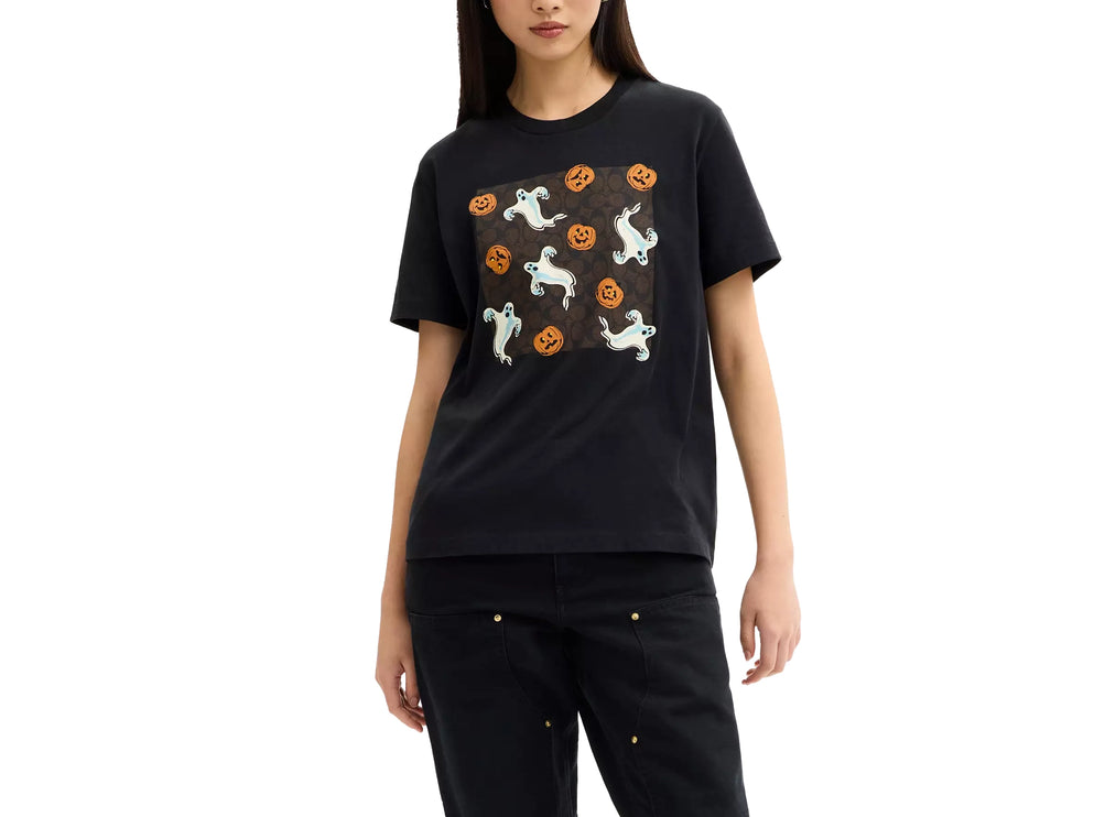 Coach Women's Pumpkin And Ghost Signature Classic T-Shirt Black