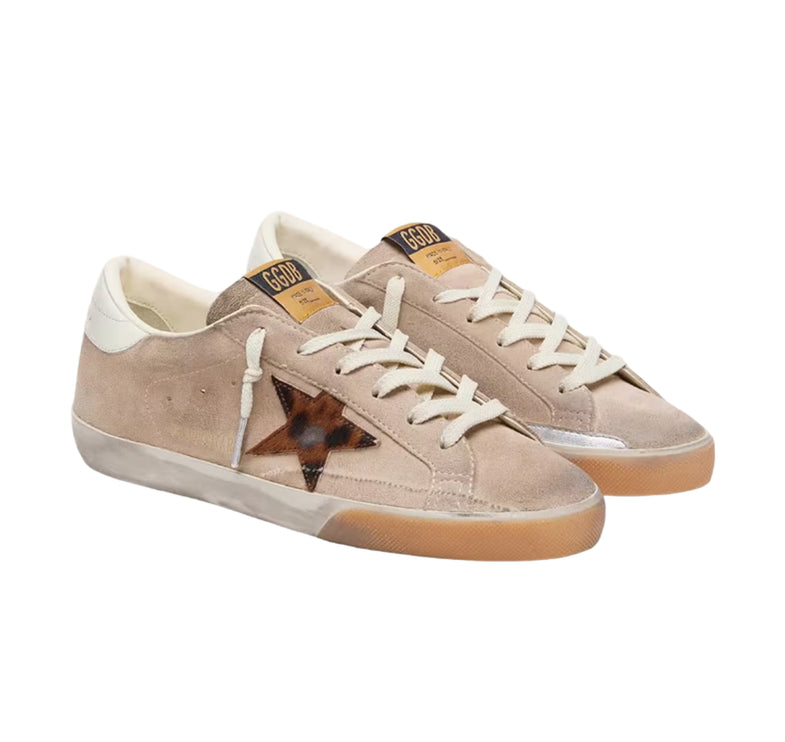 Golden Goose Women's Super-Star Star in Beige Suede with Leopard Print Star