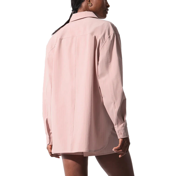 alo Women's Pinstripe Daylight Button Down Long Sleeve Pink Quartz/Ivory