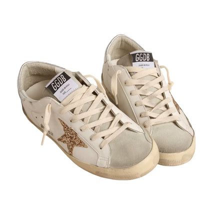 Golden Goose Women's Super Star Sneakers with Gold Glitter Star and Ice Gray Suede