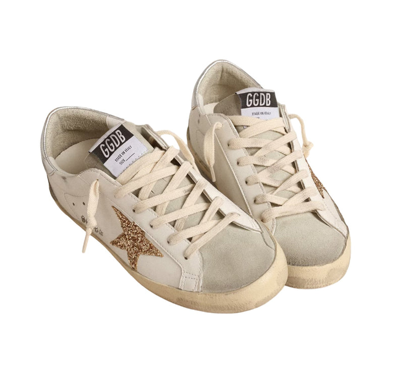 Golden Goose Women's Super Star Sneakers with Gold Glitter Star and Ice Gray Suede