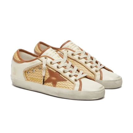 Golden Goose Women's Super-Star in White Leather and Raffia with Brick Red Star and Inserts