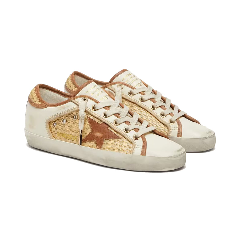 Golden Goose Women's Super-Star in White Leather and Raffia with Brick Red Star and Inserts