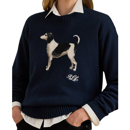 Polo Ralph Lauren Women's Intarsia-Knit Dog Cotton Sweater Lauren Navy