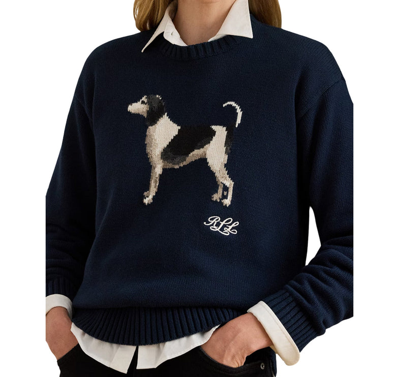 Polo Ralph Lauren Women's Intarsia-Knit Dog Cotton Sweater Lauren Navy