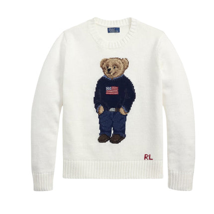 Polo Ralph Lauren Women's Polo Bear Linen-Cotton Crewneck Sweater Deckwash White Multi