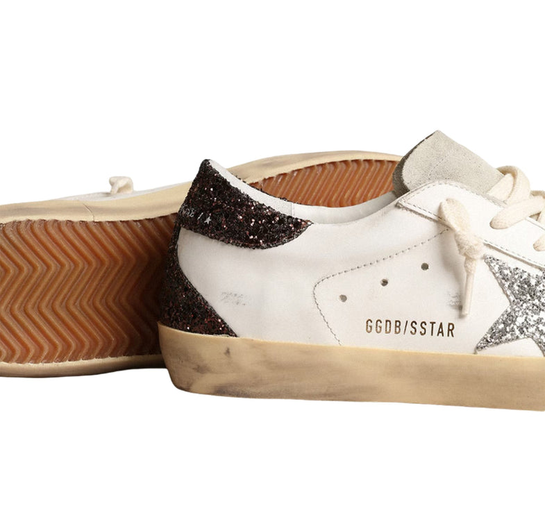 Golden Goose Women's Super Star Sneakers with Silver Star and Brown Glitter