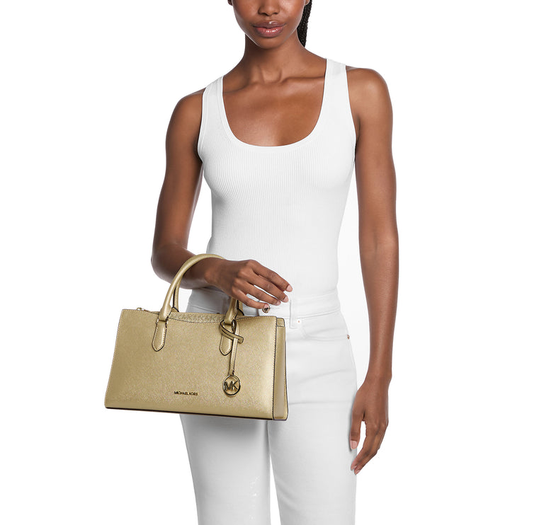 Michael Kors Women's Arden Metallic Top-Zip Satchel Pale Gold