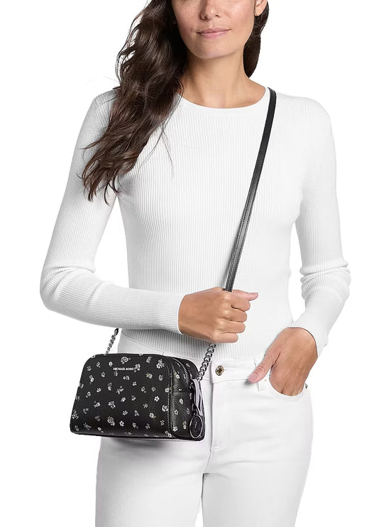 Michael Kors Women's Ashton Extra-Small Floral Printed Camera Crossbody Bag Black/Silver