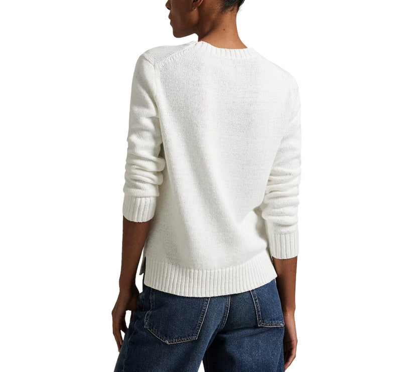 Polo Ralph Lauren Women's Polo Bear Linen-Cotton Crewneck Sweater Deckwash White Multi