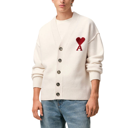 AMI Alexandre Mattiussi Unisex Ami de Coeur Wool Cardigan Off White/Red