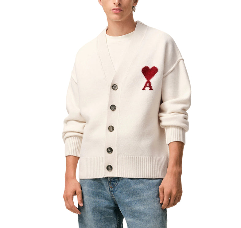 AMI Alexandre Mattiussi Unisex Ami de Coeur Wool Cardigan Off White/Red