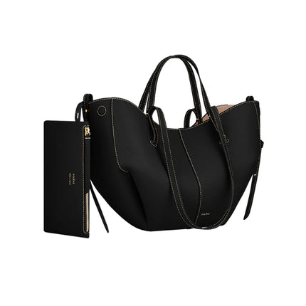 Polène Women's Cyme Mini Edition Textured Black with Ecru Stitching