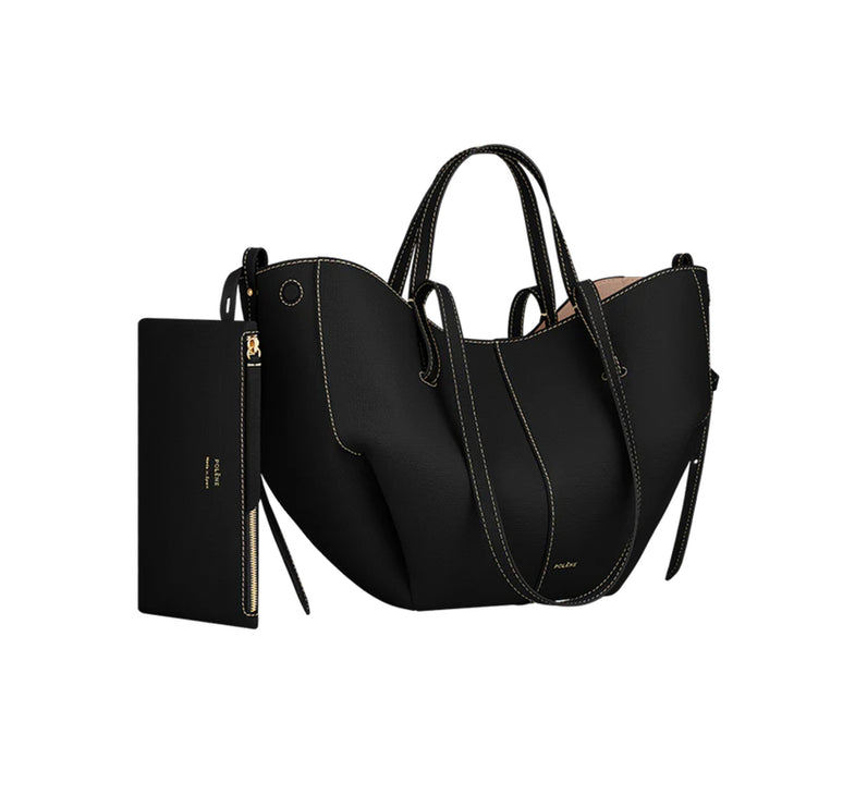 Polène Women's Cyme Mini Edition Textured Black with Ecru Stitching