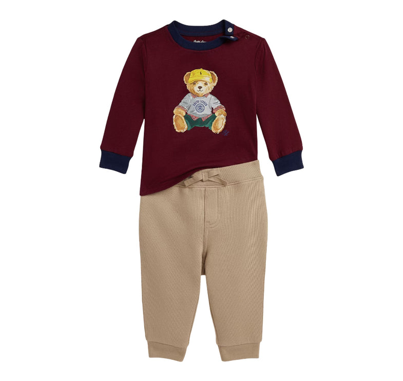 Polo Ralph Lauren Baby Polo Bear Jersey Tee & Fleece Pant Set Classic Wine