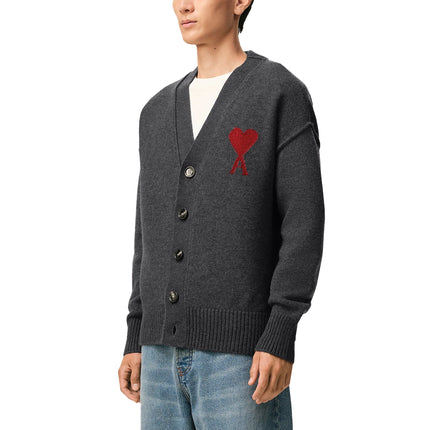 AMI Alexandre Mattiussi Unisex Ami de Coeur Wool Cardigan Heather Grey/Red