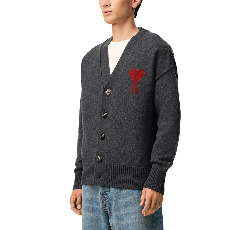 AMI Alexandre Mattiussi Unisex Ami de Coeur Wool Cardigan Heather Grey/Red