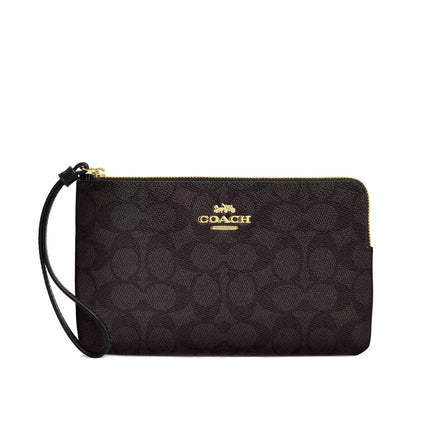 Coach Women's Large Corner Zip Wristlet In Signature Canvas Gold/Walnut/Black