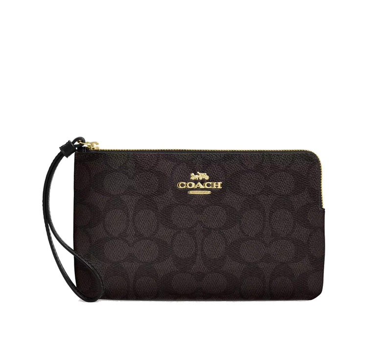 Coach Women's Large Corner Zip Wristlet In Signature Canvas Gold/Walnut/Black