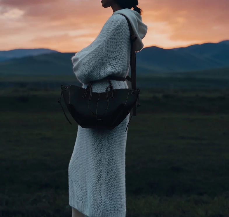 Polène Women's Cyme Mini Edition Textured Black with Ecru Stitching