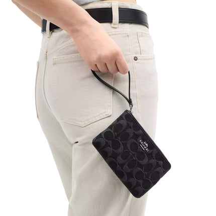 Coach Women's Corner Zip Wristlet In Signature Denim Silver/Black