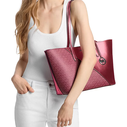 Michael Kors Women's Avalon Medium Metallic and Signature Logo Tote Bag Maroon