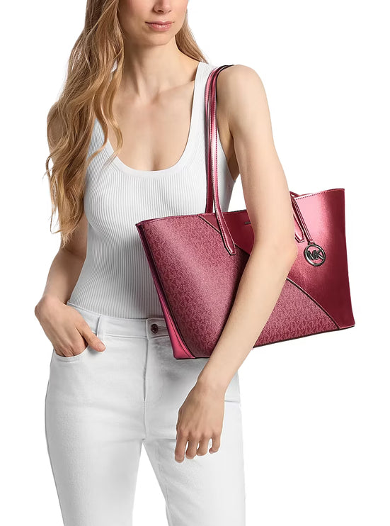 Michael Kors Women's Avalon Medium Metallic and Signature Logo Tote Bag Maroon
