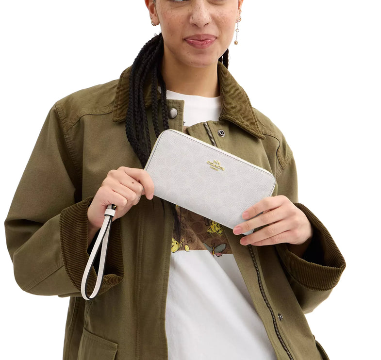Coach Women's Long Zip Around Wallet In Signature Canvas Gold/White/Chalk