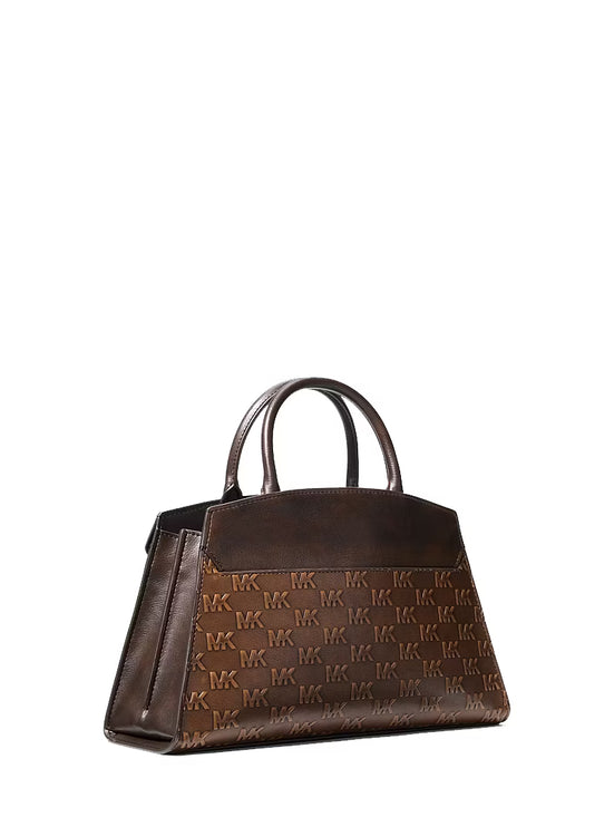 Michael Kors Women's Greta Medium Logo Embossed Satchel Bag Chocolate