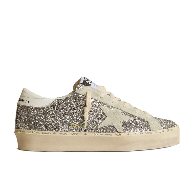 Golden Goose Women's Hi Star in Silver Glitter with Suede Star and white Heel Tab