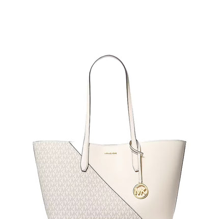 Michael Kors Women's Avalon Medium Smooth and Signature Logo Tote Bag Light Cream Multi