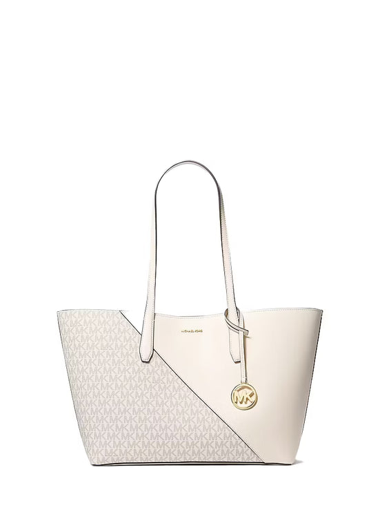 Michael Kors Women's Avalon Medium Smooth and Signature Logo Tote Bag Light Cream Multi