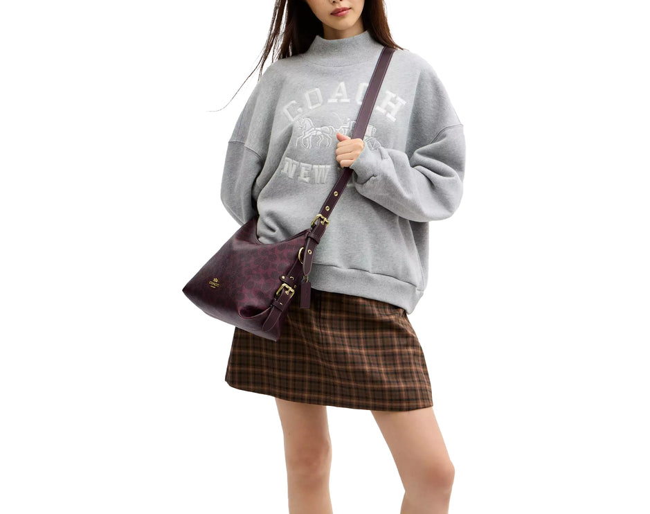 Coach Women's Laurel Shoulder Bag With Buckles In Signature Canvas Gold/Black Currant