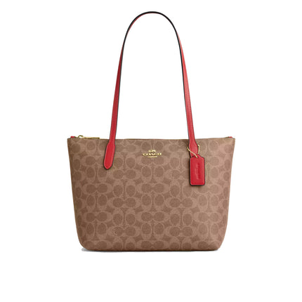 Coach Women's Fiona Zip Tote Bag In Signature Canvas Gold/Tan/Carnation