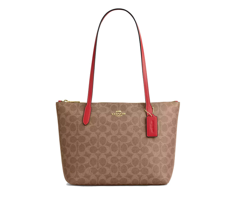 Coach Women's Fiona Zip Tote Bag In Signature Canvas Gold/Tan/Carnation