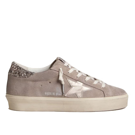 Golden Goose Women's Hi Star sneakers in Beige Suede with Laminated Leather Star and Glitter Heel Tab