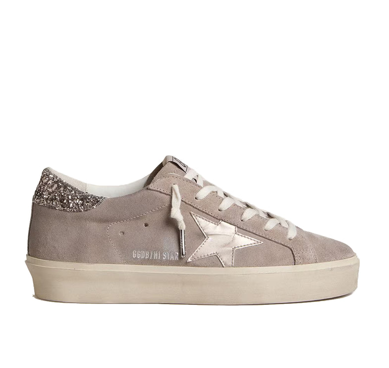 Golden Goose Women's Hi Star sneakers in Beige Suede with Laminated Leather Star and Glitter Heel Tab