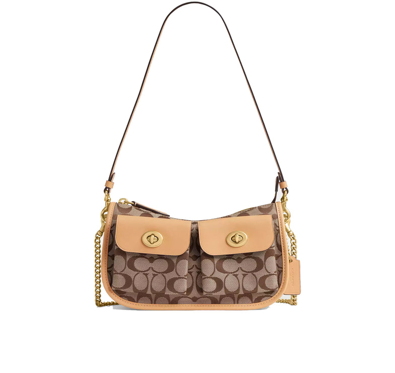 Coach Women's Twin Turnlock Waverly Bag In Signature Jacquard Brass/Khaki Light Peach
