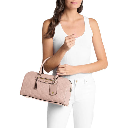 Michael Kors Women's Jet Set Travel Medium Logo Embossed Leather Duffel Crossbody Bag Soft Pink