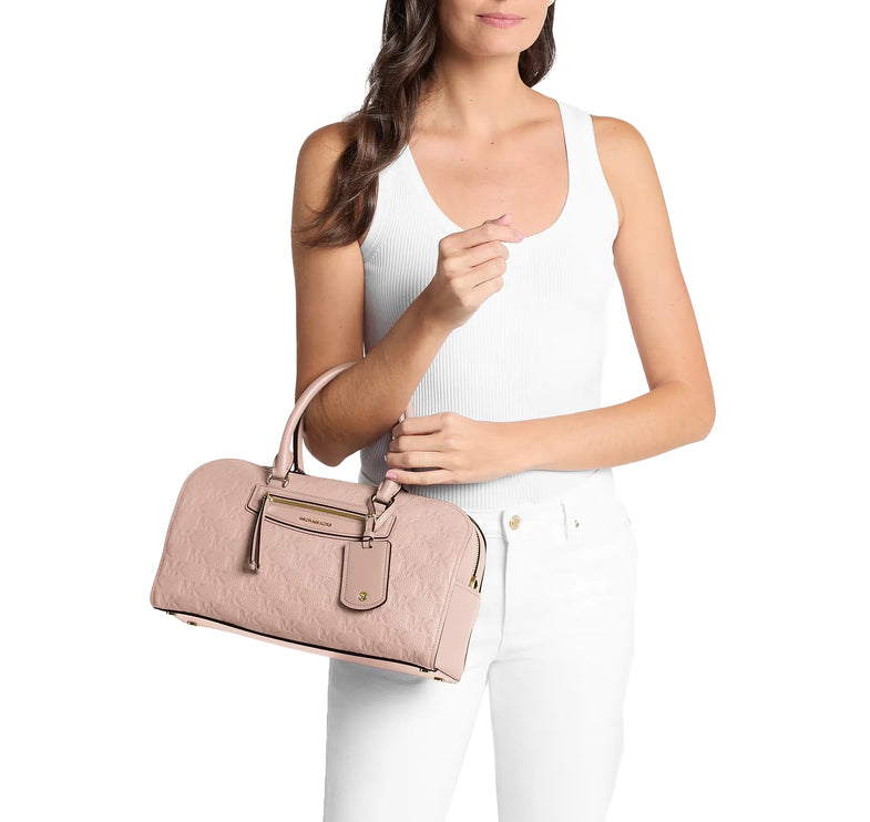 Michael Kors Women's Jet Set Travel Medium Logo Embossed Leather Duffel Crossbody Bag Soft Pink