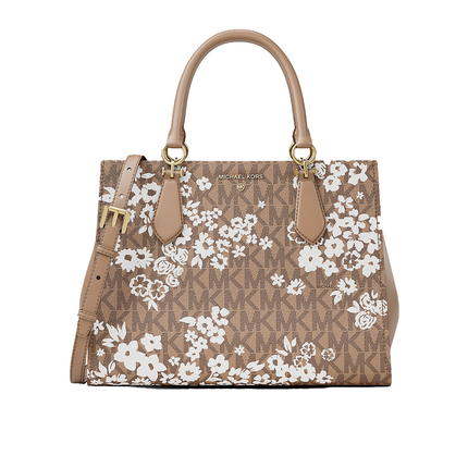 Michael Kors Women's Marilyn Medium Printed Signature Logo Satchel Bag Camel/Gold