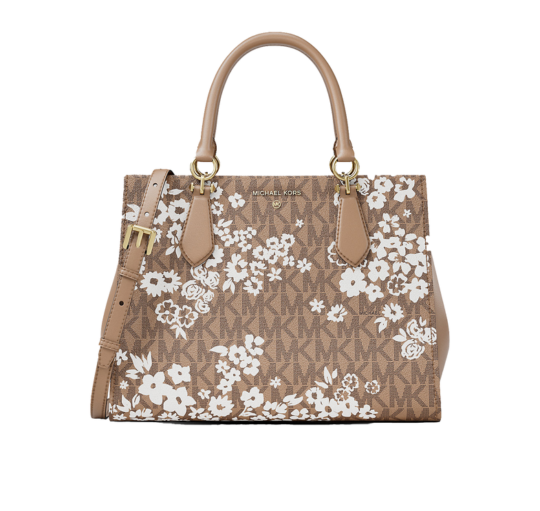 Michael Kors Women's Marilyn Medium Printed Signature Logo Satchel Bag Camel/Gold
