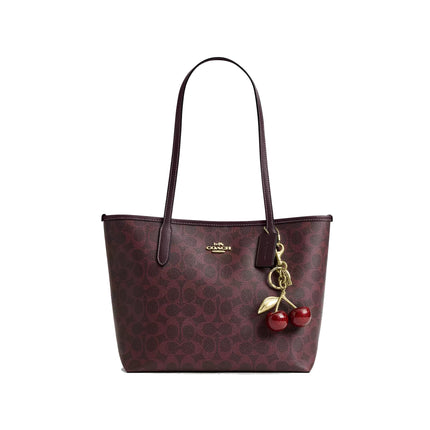 Coach Women's Medium City Tote Bag In Signature Canvas Gold/Black Currant