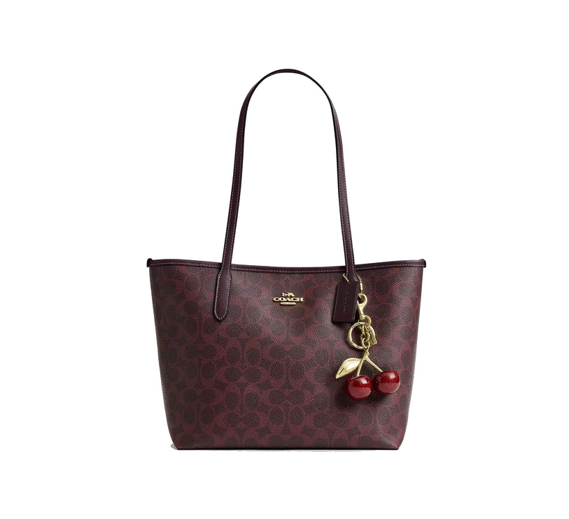 Coach Women's Medium City Tote Bag In Signature Canvas Gold/Black Currant