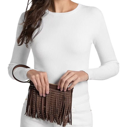 Michael Kors Women's Studded Fringed Microsuede Wristlet Nutmeg