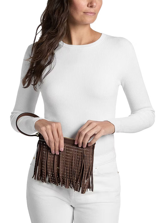 Michael Kors Women's Studded Fringed Microsuede Wristlet Nutmeg